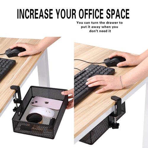 Euyona Mesh Desk Organizer and Clamp-on Swivel Pencil Drawer, Desk Hidden Extra Sturdy C-Clamp Mount System and Easy to Instal, Home Office Art Supply Storage Box (Black)