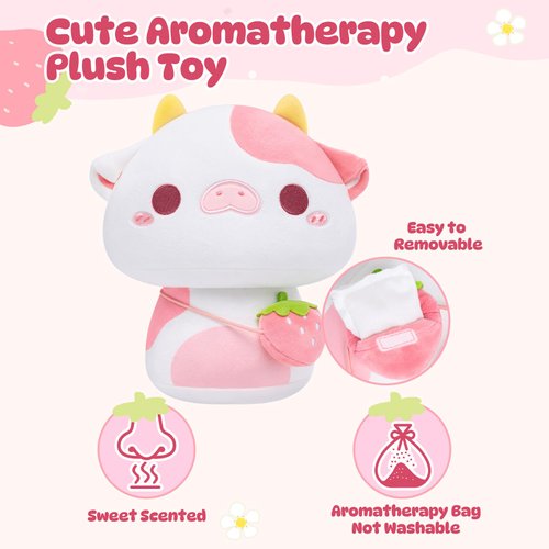 Caaaat Scented Stuffed Plush Toy, Cute Strawberry Cow Stuffed Animal with 2 Sweet Strawberry Scented Microbeads, Squishy Plushies Hugging Plush Decor Pillow for Boys & Girls