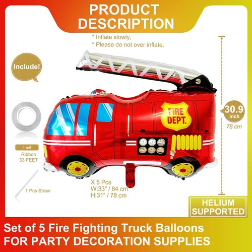 5 Pcs Fire Truck Shape Balloons Giant 33 Inch Fire Engine Foil Balloons Helium Supported for Firefighting Theme Birthday Party Decorations Supplies