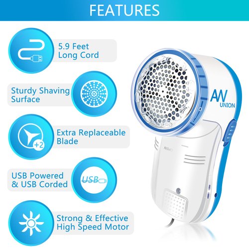 Fabric Shaver Lint Remover, AW union USB Powered Lint Shaver Efficiently Remove Lints from Fabrics, Clothes, Upholstery - 70" Cord - 2 Replacement Blade - Blue
