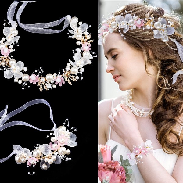 2 Pieces Wedding Flower Headpieces for Girls, Flower Girl Hair Accessories for Wedding Rhinestones Flower Headband Fairy Pearl Flower Crown for Girls Bridal Crystal Flower Tiara for Women