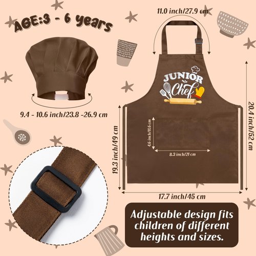 R HORSE Kid Apron and Chef Hat Set 2Pcs Adjustable Children Brown Chef Kitchen Apron, Dress up Role Play Chef Toy Cooking Baking Painting and Training Kits Kid Funny Cooking Birthday Gift for Kids