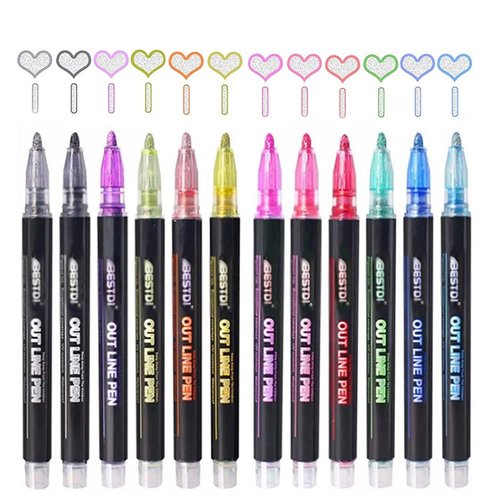 MAITING Shimmer Marker Set,12 Colors Super Squiggles Outline Marker Set, Outline Metallic Markers Glitter Markers Pens for Christmas Card Writing, Birthday Greeting, Painting, DIY Art Crafts