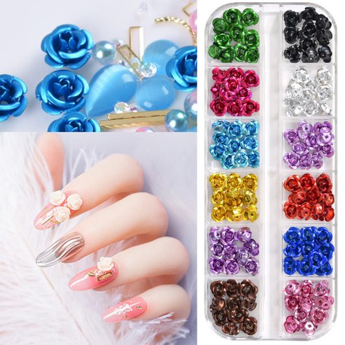 Metal Flowers Nail Art Decorations, 12 Colors Aluminum Flower Nail Glitter Sequins, 3D Flat Back Floral Nail Art Design, Rose Blossom Nail Rivet for Nail Art Supplies, Flower Making Craft Accessories