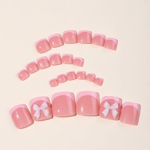 OHWODA French Tip Press on Toenails Short Square Fake Toe Nails White Toe Nail Tips Cute Designs Acrylic Toe Nails Full Cover Glue on Toenails Summer False Toe Nails 24 Pcs in 12 Sizes (3D Bow)