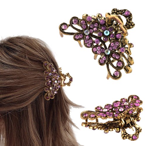 CROWN GUIDE Vintage Rhinestone Hair Claw Crystal Jaw Clips,Metal Alloy Fancy Hair Barrette Decorative Flowers Hair Clasps Accessories for Women Thick Hair Purple