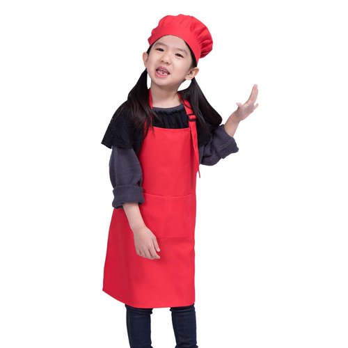 ALIPOBO Kids Apron and Chef Hat Set, Children's Adjustable Bib Apron with 2 Pockets. Cute Boys Girls Kitchen Apron for Cooking, Baking, Painting, Training Wear (2-5 Year, Red)