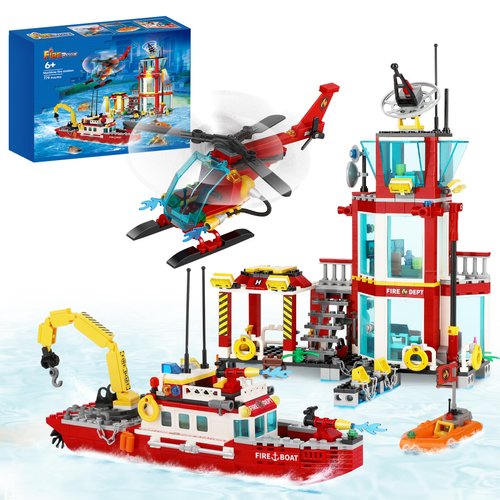 City Oceans Fire Station Building Kit - Compatible with Lego fire Station Set, with Fire Station/Fire Helicopter/Fire Ship/Rescue Boat, Gift for Sets for Boys 8-14 Years