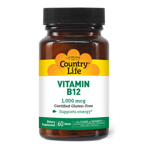 Country Life Vitamin B12, Supports Energy & Red Blood Cell Production, 1000mcg, 60 Tablets, Certified Gluten Free, Certified Vegan, Certified Halal