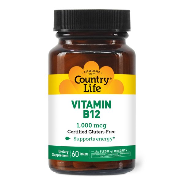 Country Life Vitamin B12, Supports Energy & Red Blood Cell Production, 1000mcg, 60 Tablets, Certified Gluten Free, Certified Vegan, Certified Halal