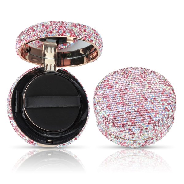 KEYPOWER Makeup Powder Empty Box with Bling Diamond Loose Powder Compact Empty Container with Powder Puff and Mirror Refillable for Home or Trip (Pink)