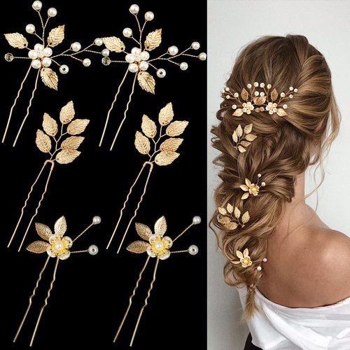 6 Pieces Bridal Wedding Hair Pins Gold Leaf Crystal Pearl Hair Pins Clips Headpiece Vintage Wedding Hair Accessories Jewelry with Rhinestone for Brides Bridesmaids Flower Girls (Lovely)