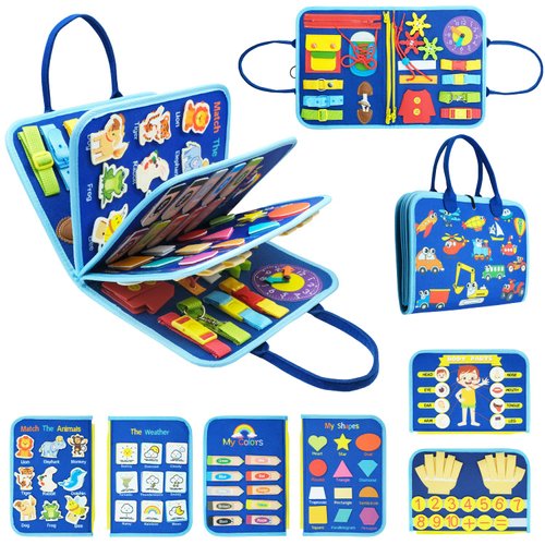 Montessori Busy Board for Toddlers,Sensory Board for Preschool Learning Toys Quiet Book Educational Toys Basic Life Skills for Autism Gifts forKids Boys Girls Travel Toys (Blue)