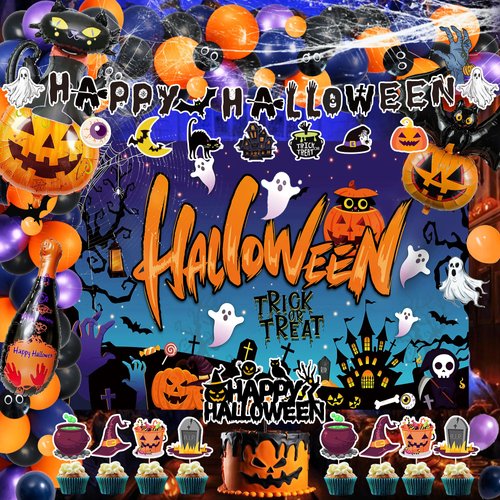 117pcs Halloween Party Decorations Kit, Halloween Spooky Halloween Party Supplies Decor, Halloween Balloon Arch Backdrop Cake Cupcake Toppers Banner Cutout Spider Web for Halloween Theme Party