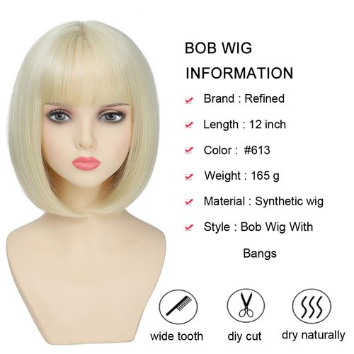 Refined Short Bob Wigs With Bangs 12 inch Straight Synthetic Cosplay Party Wig For Women Daily Use Colorful Hair Wigs (#613, 12 Inch)