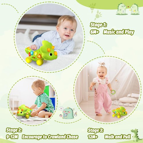 Baby Toys for 1 Year Old Boy Gir - Bilingual Musical Dinosaur Toy, Touch & Go Musical Light Crawling Educational Learning Toys for Toddlers 1-3, Christmas Birthday Gifts Baby Toys for 6-12 Months Up