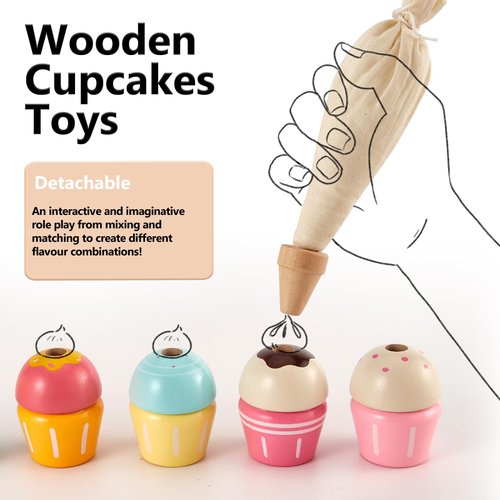 HERSITY Wooden Cupcakes Toys Pretend Play Food Desserts Kids Baking Set, Kitchen Playset for Toddlers 3-5, Tea Party for Little Girls Cooking Games Age 3 4 5 Years Old Girls Boys