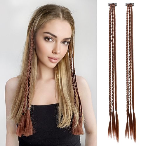REECHO Clip in Braids Hair Extension, 6 PCS Braid Hair Extensions Clip in Baby Braids, 3 Braids on One Clip 6 Braids Total, 22" Long Natural Soft Synthetic Hairpieces (Dark Brown with Copper Highlights)