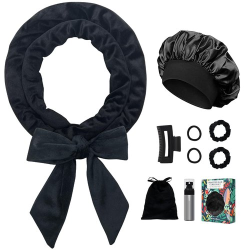 Gwabee No Heat Hair Curlers Overnight Curls Headband - 70" Soft Ribbon Curl Wrap for Long Hair, 9 PCS Curling Rod Set with Bonnet - Black