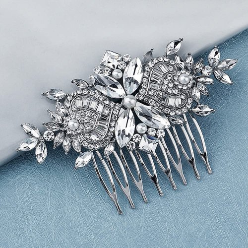 Missgrace Bride Wedding Prom Side Hair Comb Crystal Rhinestones Flower Hair Comb Clips Bridal Hair Accessories Hair Piece for Women and Girls (Silver)