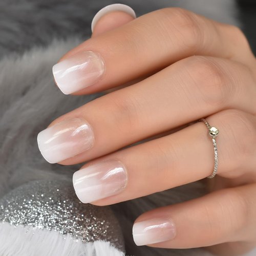 Ombre French Press On Nails Short - IKISKT Fashion Acrylic False Nails, Glue On Nails with Glue Sticker,Fit Perfectly & Natural Stick On Nails - 24PCS Soft UV Gel Fake Nails Kit, Gradient White