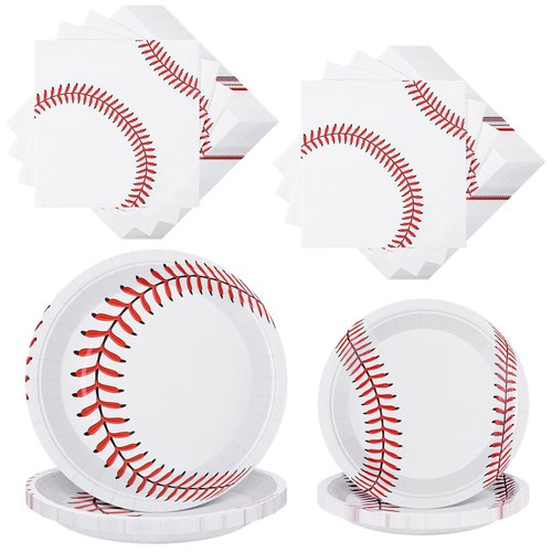 ADXCO Baseball Party Supplies, 80 Pieces Incl 32 Plates & 48 Napkins, 13 x 13 Inch, Red and White, for Baseball Theme Party or Birthday
