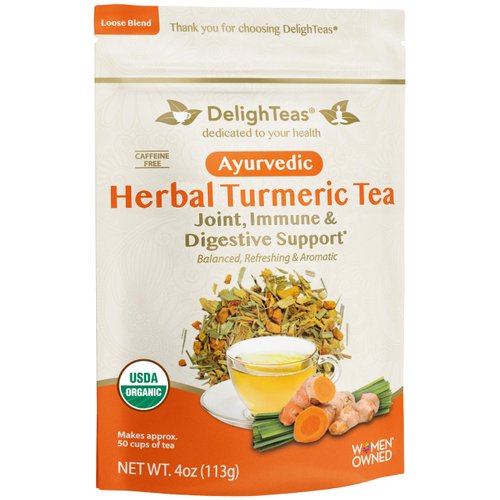 DelighTeas Organic Turmeric Ginger Tea | Ayurvedic Loose Leaf Herbal Turmeric Tea for Joint, Immune & Digestive Support | Caffeine Free, Unsweetened | 50 Servings, 4oz.