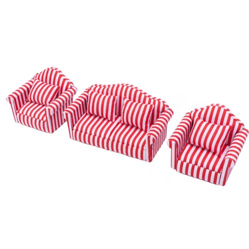 Fateanuki 1 12 Scale Doll House Furnitures 3pc Sofa Miniature Dollhouse Toy Parlor Bedroom Decoration Accessories（Red-White Stripes）