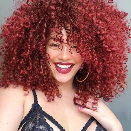 rosmile Curly Wigs for Black Women -Burgundy Synthetic African American Full Kinky Curly Afro Hair Wig with Bangs (Free 1pc Professional Wig Comb and 4pcs Wig Caps)