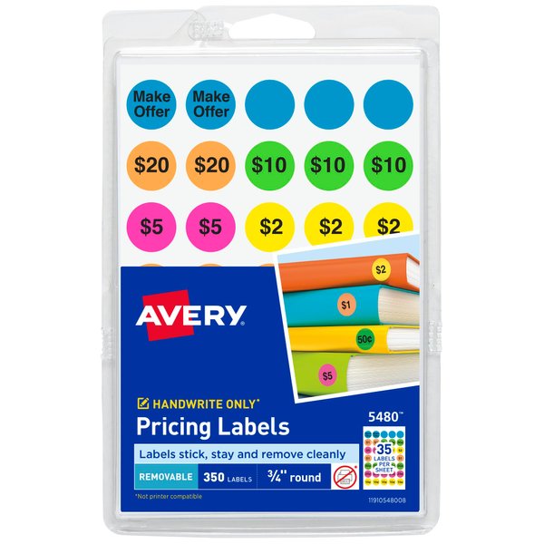 Avery Preprinted Removable Pricing Labels, 3/4 Inch Round Labels, Assorted Neon Colors, Non-Printable, 350 Pricing Stickers Total (5480)