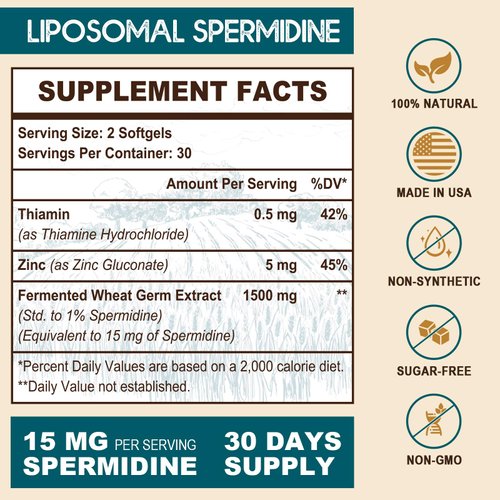 15MG Spermidine Supplement, Liposomal Spermidine for Women & Men, High Absorption,99% Pure, Non-GMO, Femented Wheat Germ Extract 1500MG with Zinc for Cell Renewal, Aging Defense, 120 Softgels