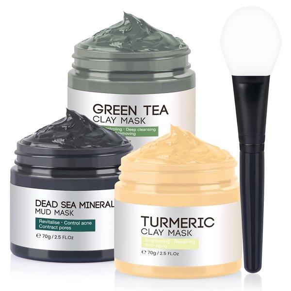 IIIMEIDU Face Masks Skincare, Turmeric Vitamin C Clay Mask, Green Tea Mask, Dead Sea Mud Mask, Face Mask Skin Care for Deep Cleansing, Women Skin Anti Aging 2.5 FL Oz Each