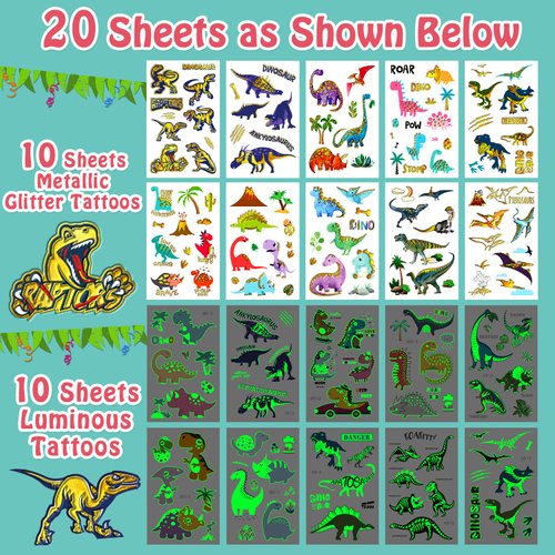 Partywind 20 Sheets (180 Styles) Dinosaur Kids Temporary Tattoos, Dinosaur Party Favors Supplies for Boys Party, Birthday Decorations Toys (Glow + Metallic Glitter Styles)