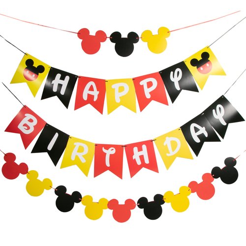 CHuangQi Colorful Happy Birthday Banner with Mickey Style Bunting, Mickey-themed Birthday Party S...