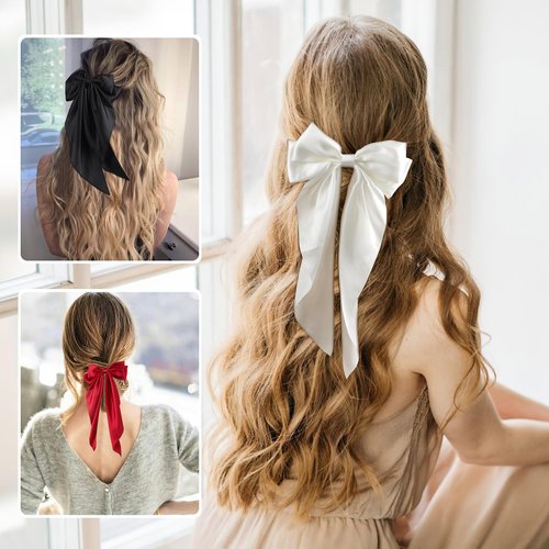 YOUSHEME 3pcs Hair Bows for Woman Cute Hair Accessories Silky Satin Barrettes Ponytail Holder Bow Hair Clips Hair Ribbon Tassel with Long Tail Hair Ribbons for Woman Girls