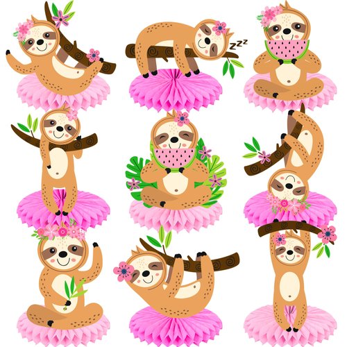 9pcs Sloth Honeycomb Centerpieces Decorations Sloth Birthday Party Decorations Sloth Themed Table Centerpiece for Girls Animal Sloth Birthday Party Baby Shower Wedding Supplies