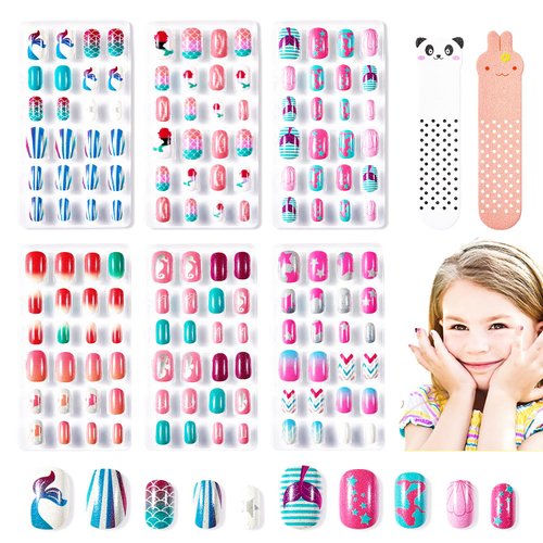 Modelones 144Pcs 6 Pack Press on Nails for Kids Children Acrylic Fake Nails Pre-glue Full Cover Glitter Gradient Color Mermaid Beach Short False Nail Art Kits Sets Gifts for Kids Girls