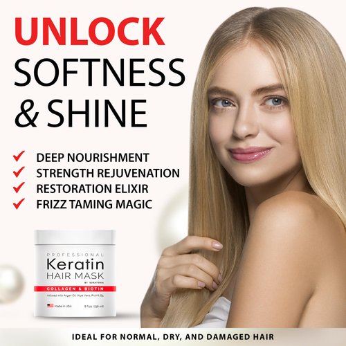 Professional Keratin Hair Mask - Made in USA - Nourishment Treatment for Hair Repair & Beauty - Biotin Collagen Coconut Oil & Pro-Vitamin B5 Protein Mask - Hair Vitamin Complex
