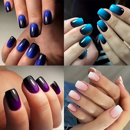 4 Packs (96PCS) HJKDSFD Press on Nails Short Square Fake Nails Full Cover Glossy Acrylic False Nails 4 Gradient Colors Glue on Nails Reusable Stick on Nails with Adhesive Tabs Nail Files for Women