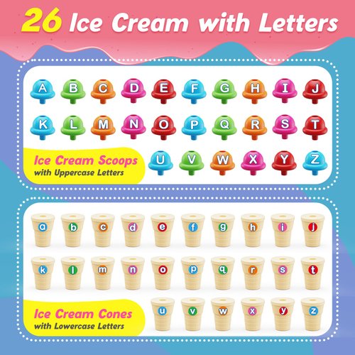 Kasfalci Alphabet Learning Toys,Ice Cream Toys Play Set,ABC Learning for Toddlers Kids,Matching Letter Game,Color Sorting,Montessori Fine Motor Stacking Toys,Kindergarten Preschool Learning Activities