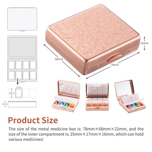 Portable Metal Travel Medicine Box with a Mirror / 8 Compartments (Rose Gold)
