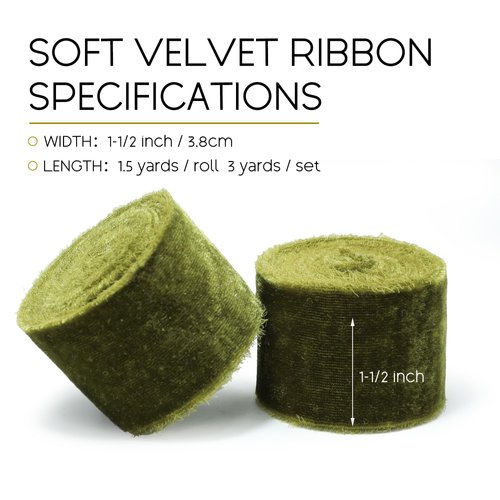 Keypan Chirtsmas Tree Ribbon Olive Green Velvet Ribbon for Gift Wrapping - 1 1/2 inch Wide Handmade Fringe Fabric Ribbon for Winter Decor Baby Shower, Flower Bouquet