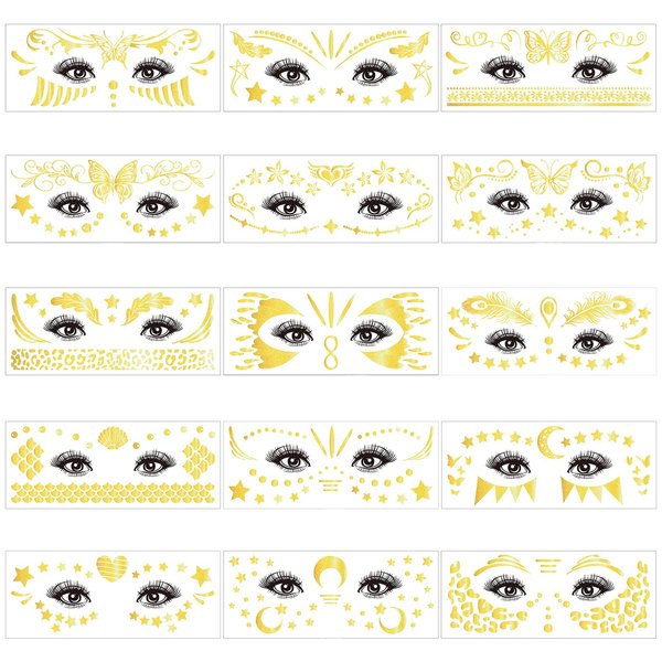 Face Metallic Temporary Tattoos,10 Sheets Gold Flash Glitter Face Tattoo Sticker Moon Star Heart Fish Scale Feather Leopard Print Metallic Tattoos for Makeup Music Festival Party Favor Accessories