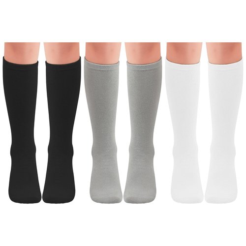 Dxhycc 3 Pairs Stripes Knee High Tube Socks Kids Soccer Socks School Cotton Uniform Sports Socks for Toddler Girls and Boys (Black, Gray, White)