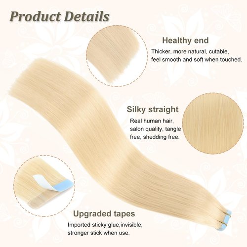 Tape in Hair Extensions Human Hair Bleach Blonde (40g 20pcs/pack) #613 Invisible Tape in Extensions Human Hair Straight Seamless Skin Weft Hair (14 Inch）