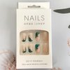 Nude Press on Nails Medium Coffin Fake Nails Green French Tip False Nails With Gold Foil Designs Full Cover Stick on Nails Square Acrylic Artificial Nails Stick on Nails for Women Girls 24Pcs