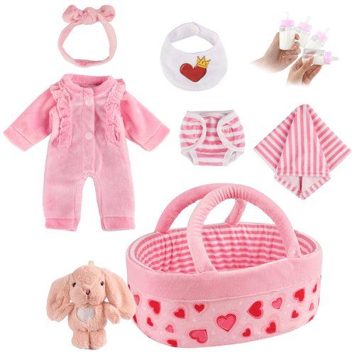 JIZHI 8 Pcs Reborn Baby Doll Clothes with Bassinet for 8-10-12 Inch Baby Dolls, Baby Doll Clothing and Doll Accessories Set with Bunny Toy for Realistic Baby Dolls Girl, Pink