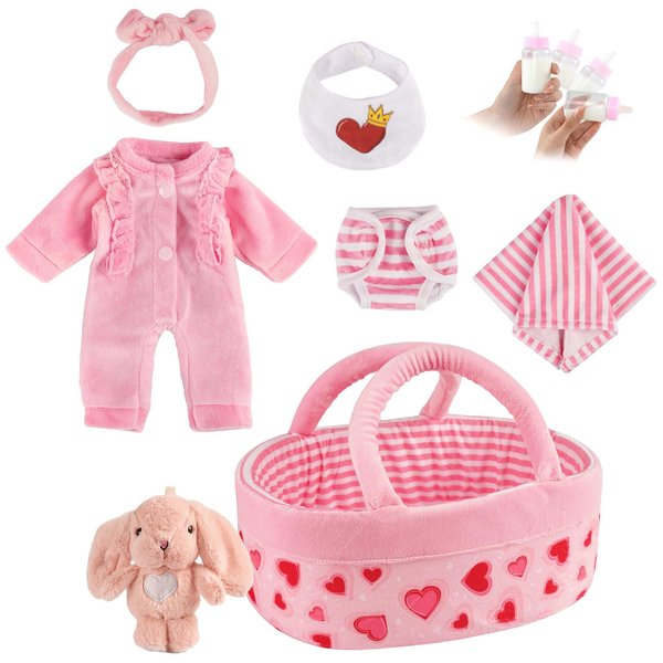 JIZHI 8 Pcs Reborn Baby Doll Clothes with Bassinet for 8-10-12 Inch Baby Dolls, Baby Doll Clothing and Doll Accessories Set with Bunny Toy for Realistic Baby Dolls Girl, Pink