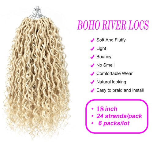 Faux Goddess Locs Crochet Hair 18 Inch River Locs Wavy Crochet With Curly Hair In Middle And Ends Braids Hair Extensions (6Packs,18 inch, 613)