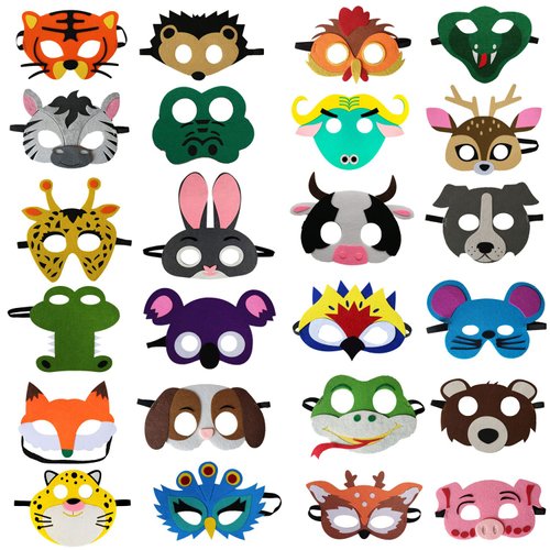 SSZS 24 Packs Animal Felt Masks for Kids Party Favors, Jungle Safari Theme Party Supplies with 24 Different Types Animal Birthday Party Decorations Animal Costumes for Kids